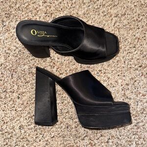 Platform Chunky Satin Black Mules Heels 9